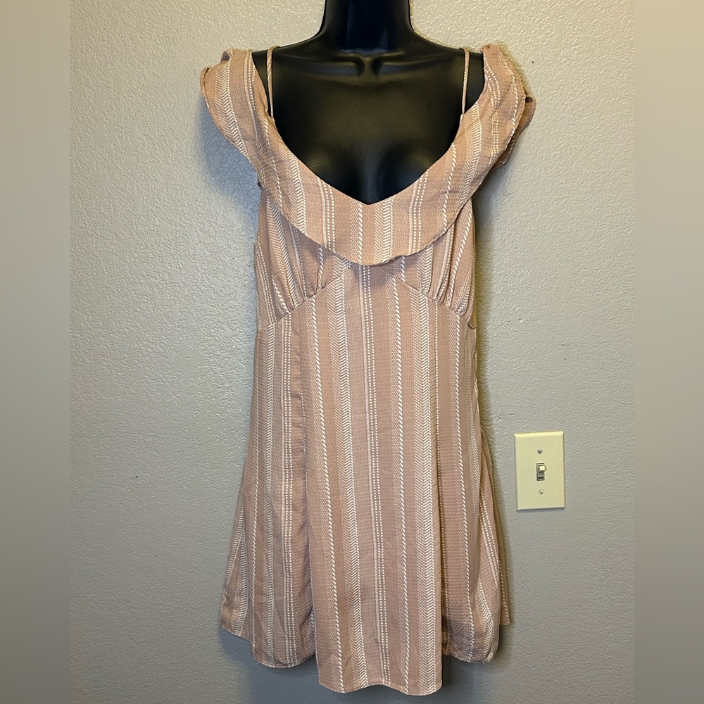 Honey Belle Soft Blush Peach Pink Off the Shoulder Flowy Mini Dress BOHO Sz M